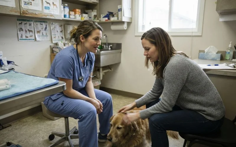 A veterinarian sitting quietly with a pet owner and an older dog in a calm exam room during a gentle conversation