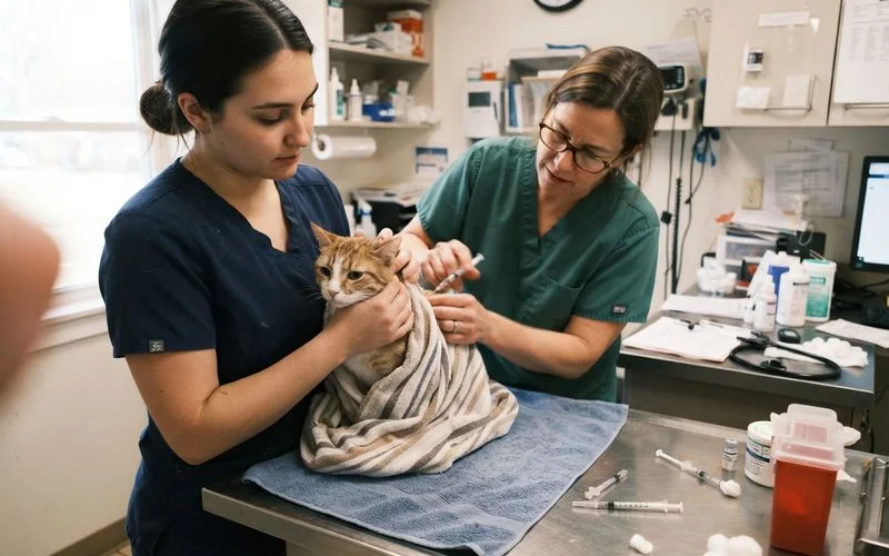 A veterinarian preparing a small vaccine dose while a calm cat sits wrapped in a towel on the exam table