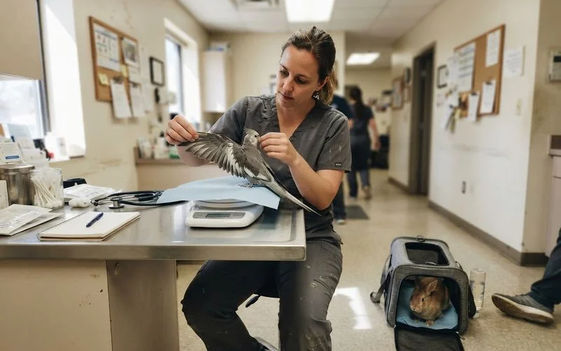 A veterinarian carefully examining a small rabbit wrapped in a towel on an exam table with exotic-specific instruments nearby