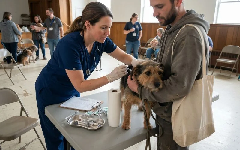 A veterinary assistant preparing a vaccine syringe at a counter inside a busy low-cost community clinic setting