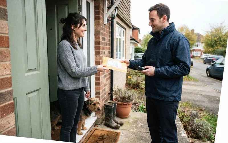 A pet owner opening a package of pet medication delivered to their front door next to a small dog