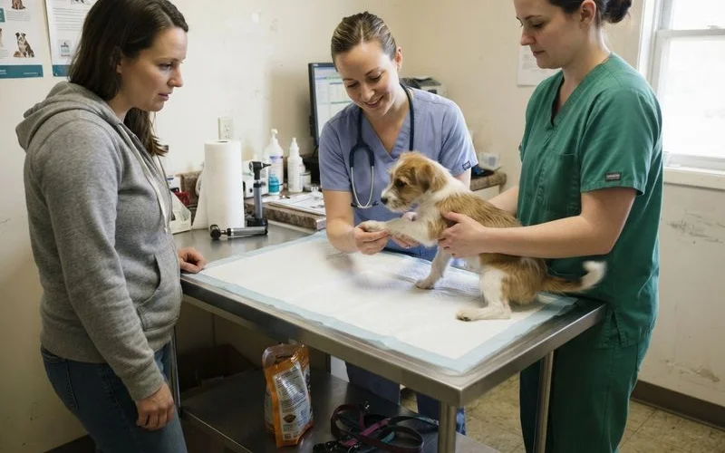 A veterinarian gently holding a young puppy during an early wellness exam while a vet technician records its weight