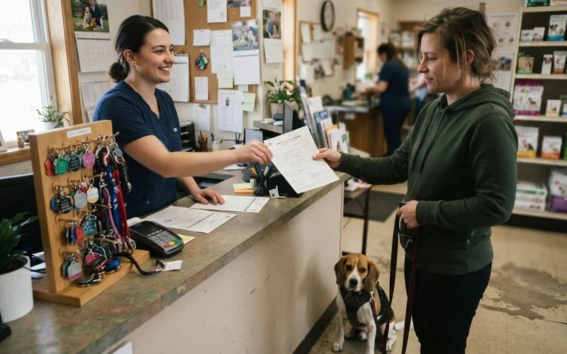 A pet owner handing a printed vaccine certificate to a veterinary receptionist at the front desk of a clinic
