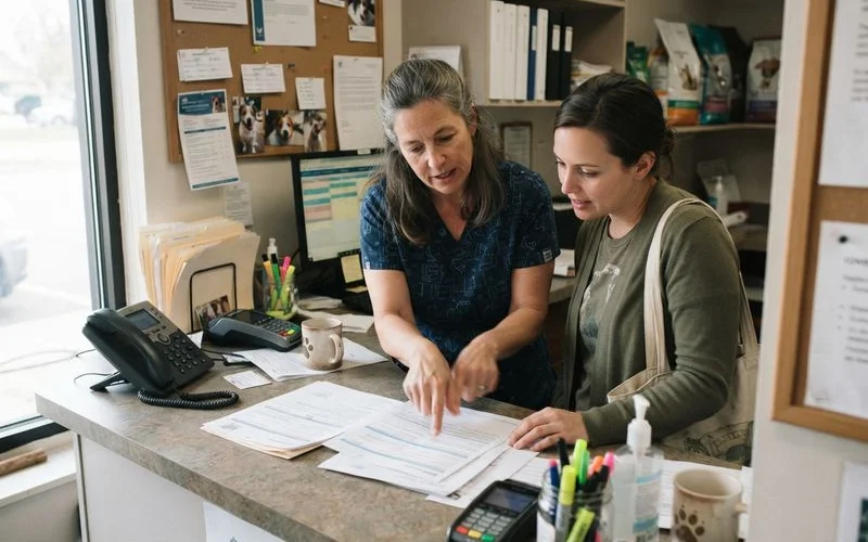 A pet owner reviewing a pet insurance policy document at a kitchen table next to a laptop, with a dog resting nearby