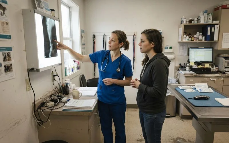 A veterinary team reviewing x-ray images on a monitor while discussing a treatment plan in an emergency clinic hallway
