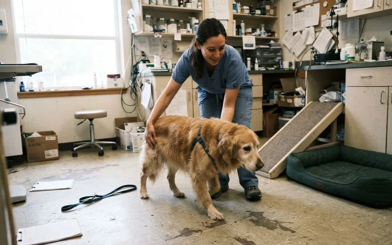 An older dog with a gray muzzle being gently examined by a veterinarian who is checking its joints and mobility