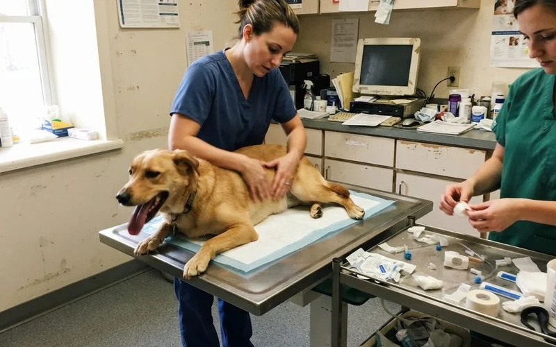 A veterinary technician calmly examining a small dog on an exam table while checking its gum color and breathing during an urgent visit