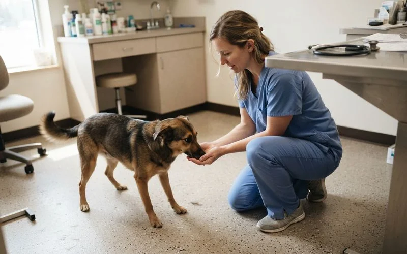 A veterinarian kneeling at eye level with a nervous dog in the exam room, speaking calmly while the owner watches nearby
