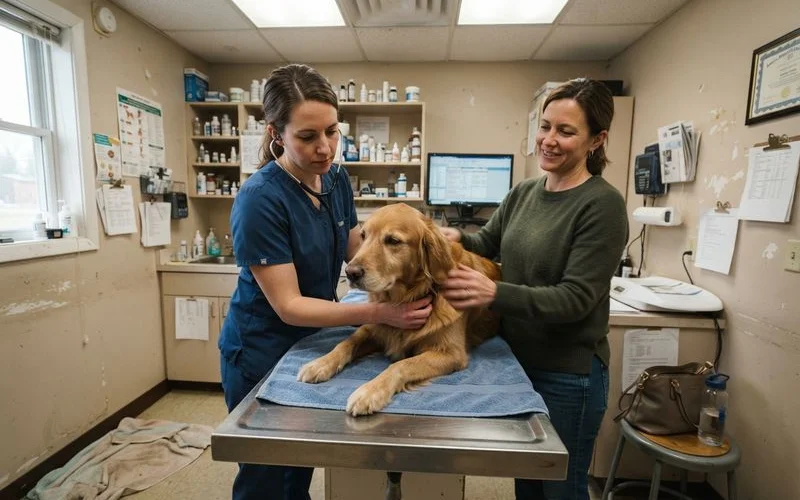 A veterinarian using a stethoscope to listen to a calm dog's heart and lungs during a wellness exam